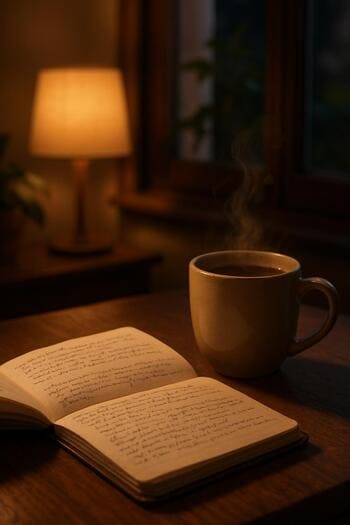 Evening winter journal notes next to a warm mug on the table.
