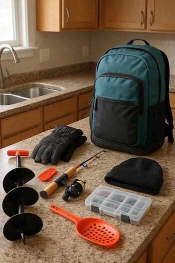 Small winter pack list on a counter next to a mug in the kitchen.