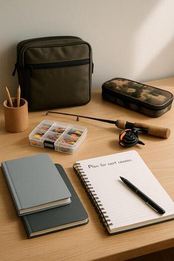 Desk with a pencil, calendar and a small reset note for winter tracks.