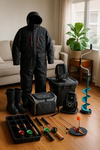 Winter fishing gear and lesson cards spread out on a living room rug.