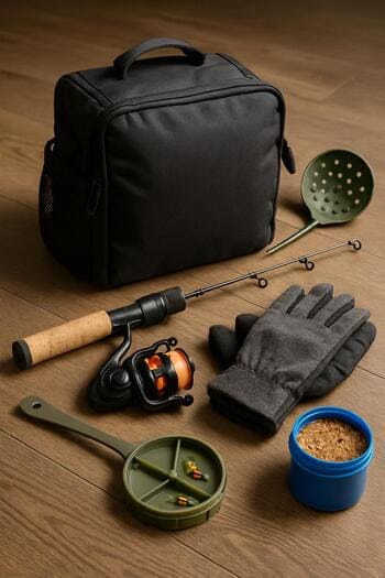 Angler standing near a lakeshore with a small sled ready for a short visit.