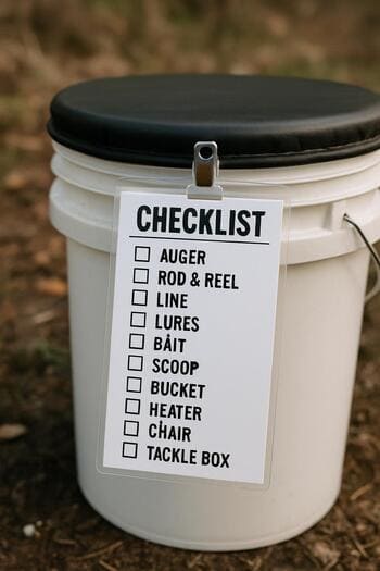 Small laminated checklist clipped to a winter fishing bucket.