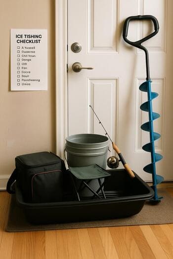 Packed winter bag waiting by the door with a checklist on top.