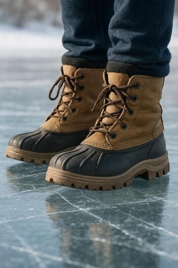 Boot prints in a gentle curve across a snowy frozen lake.