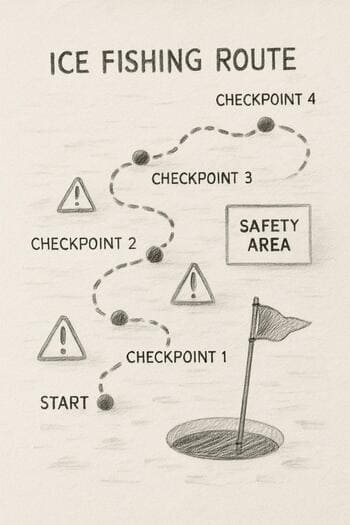 Hand drawing a simple winter lake route with pencil on paper.