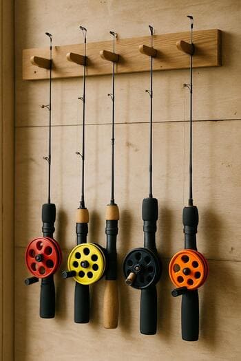 Winter rods hanging neatly on a wall for the off-season.