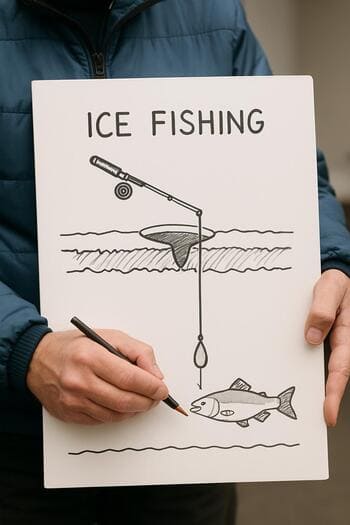 Hand drawing a simple winter fishing diagram in a notebook.