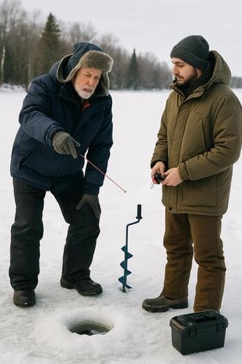 Two people on the ice, one showing the other how to hold a winter rod.