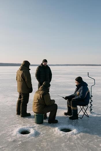 Small group of anglers standing apart in a loose line on a frozen lake.