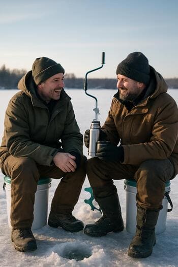 Two winter anglers sitting on the ice sharing a quiet break with hot drinks.