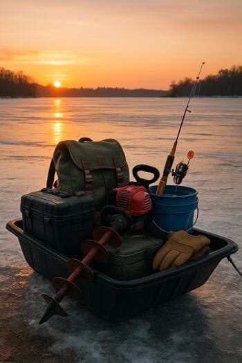 Packed winter sled at dawn ready to be pulled onto the ice.
