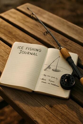 Notebook and winter rod resting on a wooden bench after a trip.