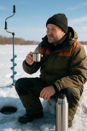 Thermos and cup resting on the ice during a calm winter fishing break.