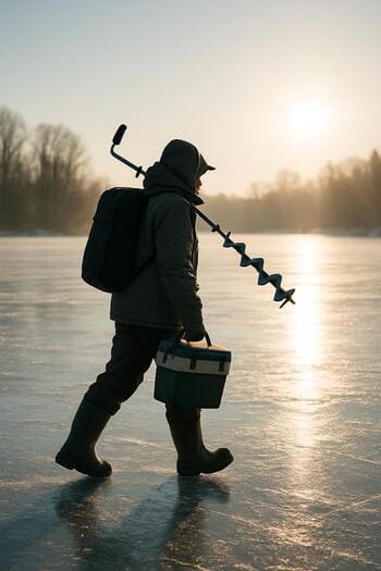 Angler walking in the early morning light across a snowy lake.