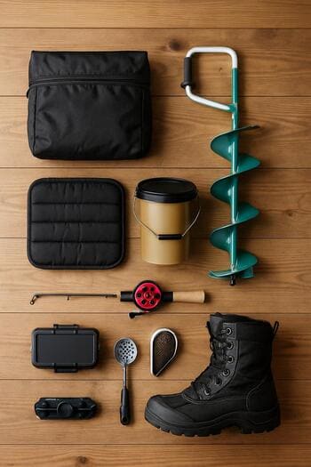 Beginner winter fishing kit laid out on a living room floor.