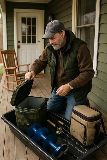 Returning angler checking winter gear on a wooden porch before a trip.