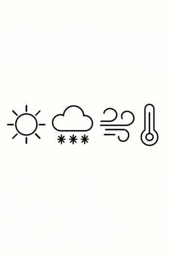 Row of hand-drawn weather and comfort icons in a winter journal.