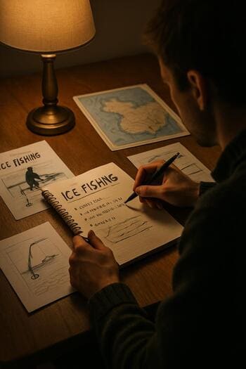 Table lamp shining on a winter fishing notebook in the evening.