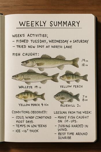 Notebook page with a simple weekly winter track summary drawn out.