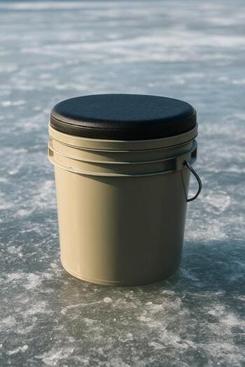 Bucket with padded seat standing on the ice next to a packed sled.