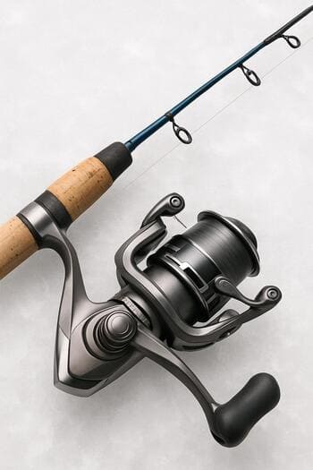 Close view of a compact winter rod and reel lying on packed snow.