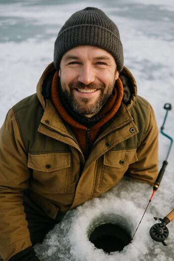 Close view of an angler smiling above a freshly drilled ice hole.