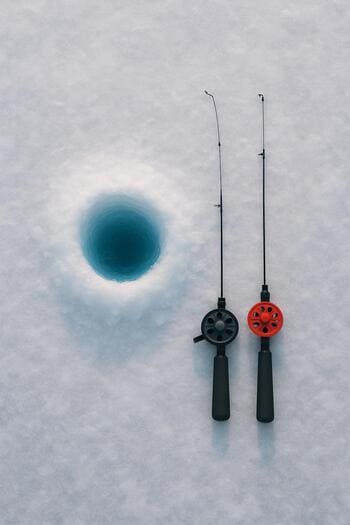 Tidy winter fishing setup with rods and an ice hole glowing in blue light.