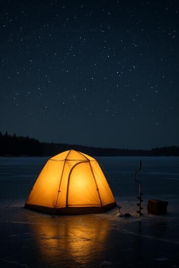 Small winter fishing camp with a tent softly glowing on the ice at night.