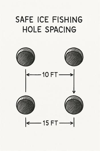 Top-down sketch of a safe ice hole with marked distance between holes.