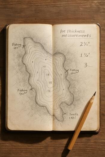 Notebook with a hand-drawn lake map and pencil notes about ice thickness.