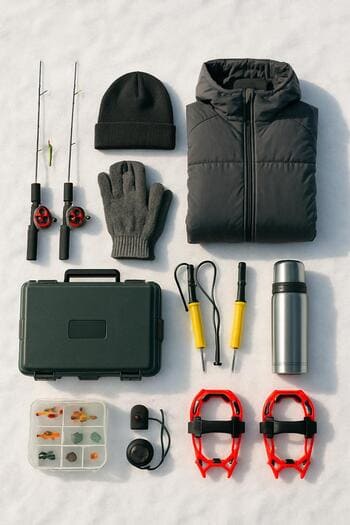 Winter fishing gear laid out on a bright snowy surface before packing.