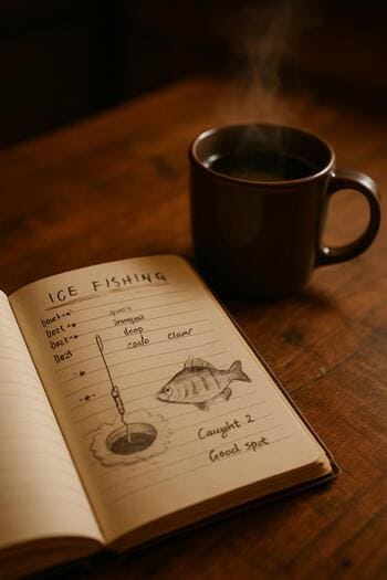 Notebook page next to a steaming cup of coffee on a winter table.