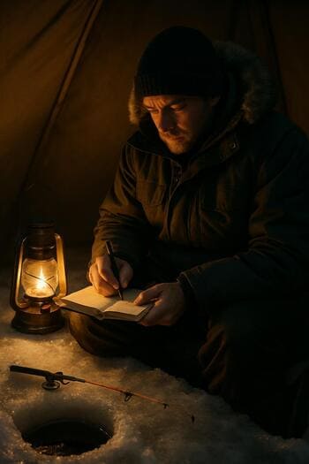 Evening scene with a notebook, headlamp and winter hat on a wooden bench.