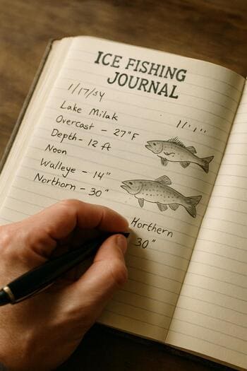 Hand writing a short winter ice fishing note in a small notebook.
