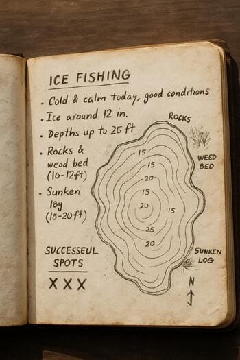 Open notebook with a sketch of a lake margin and short pencil notes.