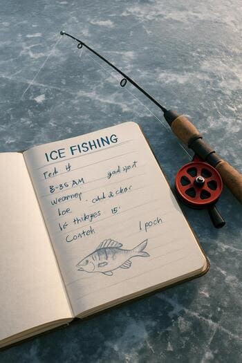 Open winter fishing journal resting on a sled on the frozen lake.