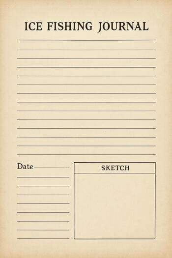 Classic winter fishing journal page with sections for route, ice and mood.