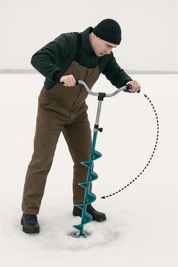 Angler standing in an arc of freshly drilled ice holes on a bright day.