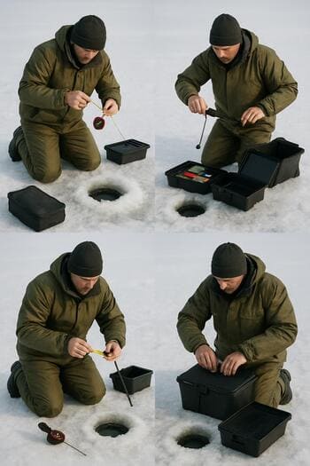 Winter fishing gear being packed back into a sled at the end of the day.