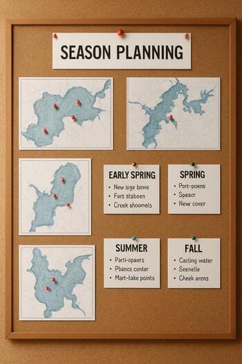 Cork board with pinned winter track cards and coloured string lines.