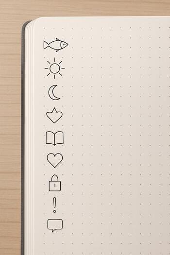 Row of hand-drawn symbols in the margin of a winter journal page.