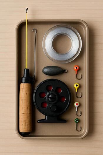 Small winter fishing kit arranged on a tray with a tiny lesson card.