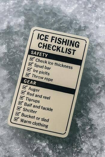 Small printed checklist card for winter fishing essentials.
