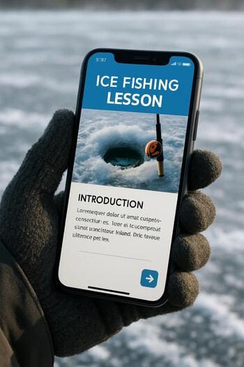 Phone screen showing a minimal winter fishing lesson layout.