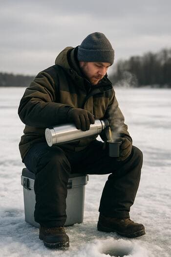 Thermos and cup resting on the ice next to a closed tackle box.