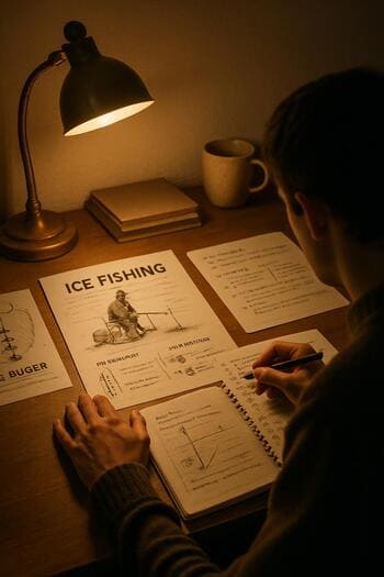 Desk with a notebook, pencil and a small printed lesson card.