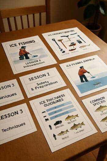 Winter fishing gear neatly laid out on a table with a small card on top.