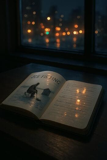 Journal resting near a window with winter city lights in the distance.