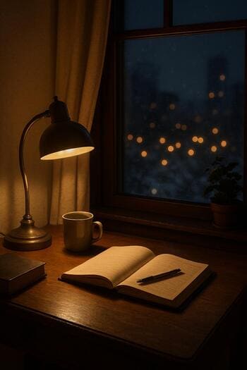 Winter journal on a desk by a dark window with a small lamp.