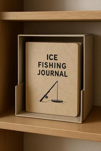 Winter journal in a small box on a shelf with other calm objects.